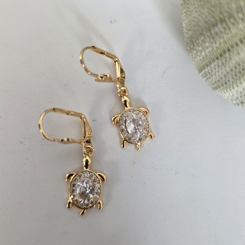 Gold Filled Earrings Zircon Turtle Charm